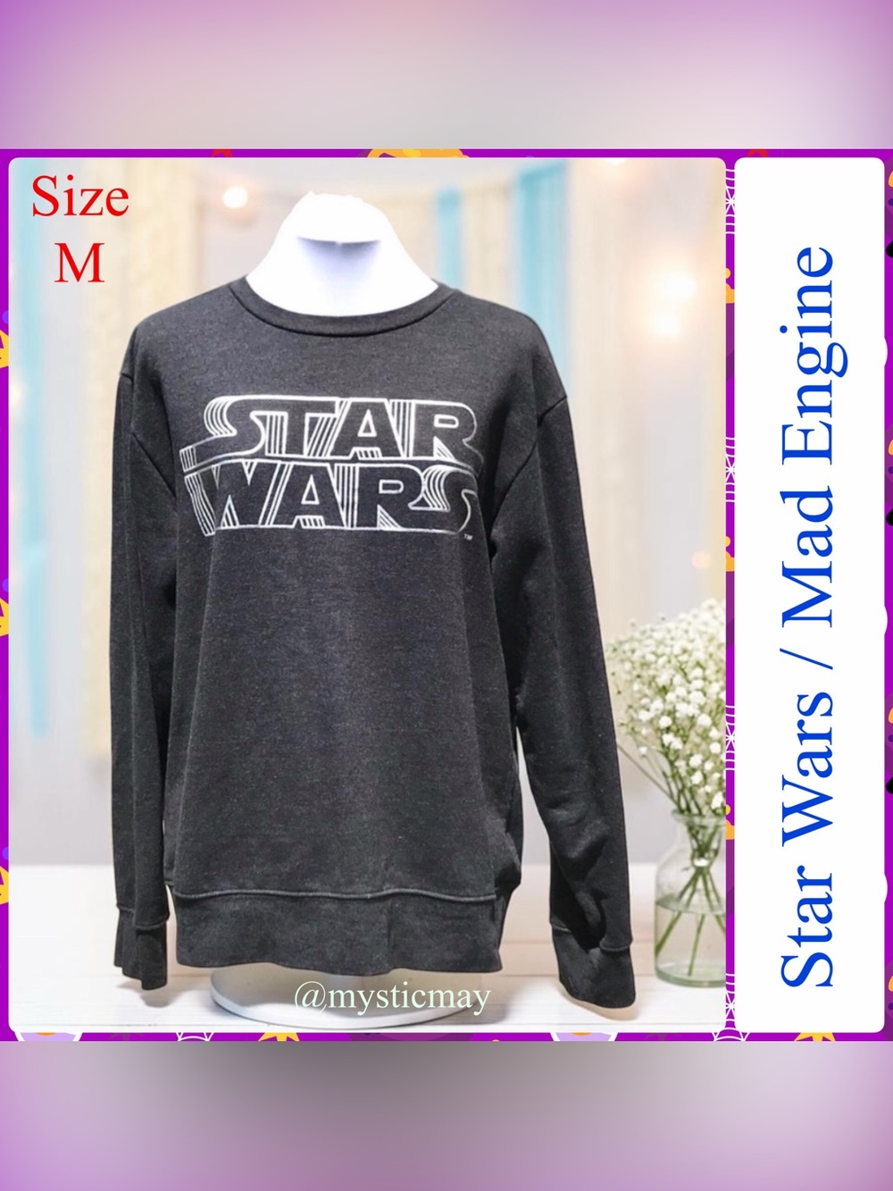 Mens Charcoal Gray STAR WARS Crew Neck Sweatshirt w Silver Metallic Logo Size M